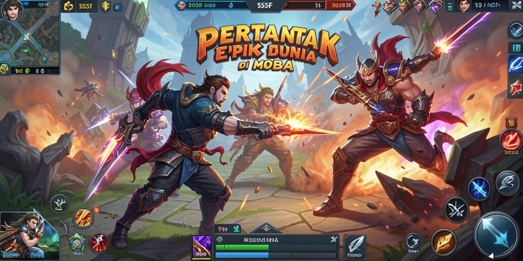 Gameplay seru dari 555F yang menampilkan pertarungan antar karakter MOBA.