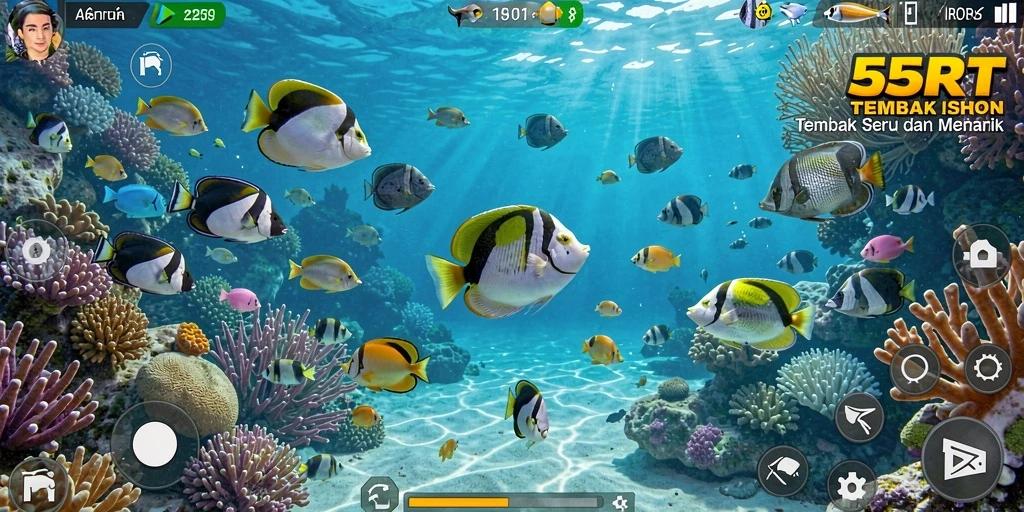 Tampilan gameplay seru dari 55RT dengan ikan berwarna-warni.