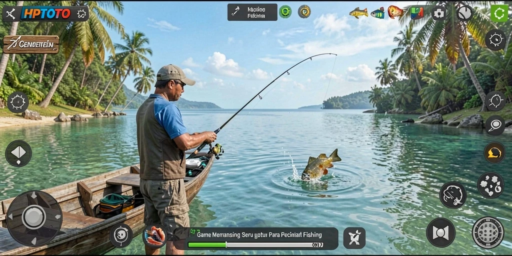 Tampilan gameplay seru di HPTOTO dengan berbagai ikan untuk ditangkap.