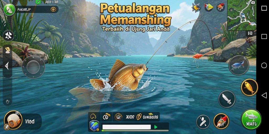 Screenshot PAKARJP menampilkan pemain sedang menangkap ikan di danau yang indah.