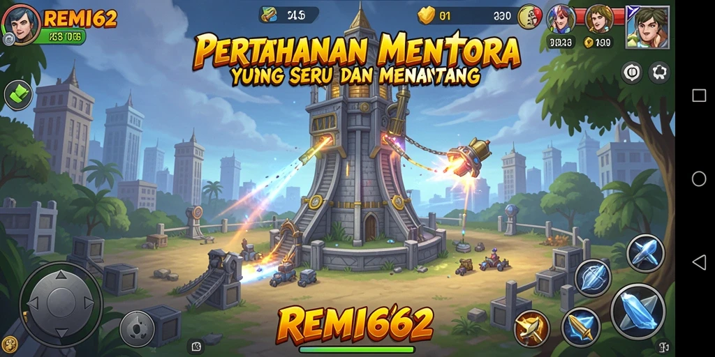 Tampilan gameplay REMI62 penuh strategi tower defense yang mendebarkan.