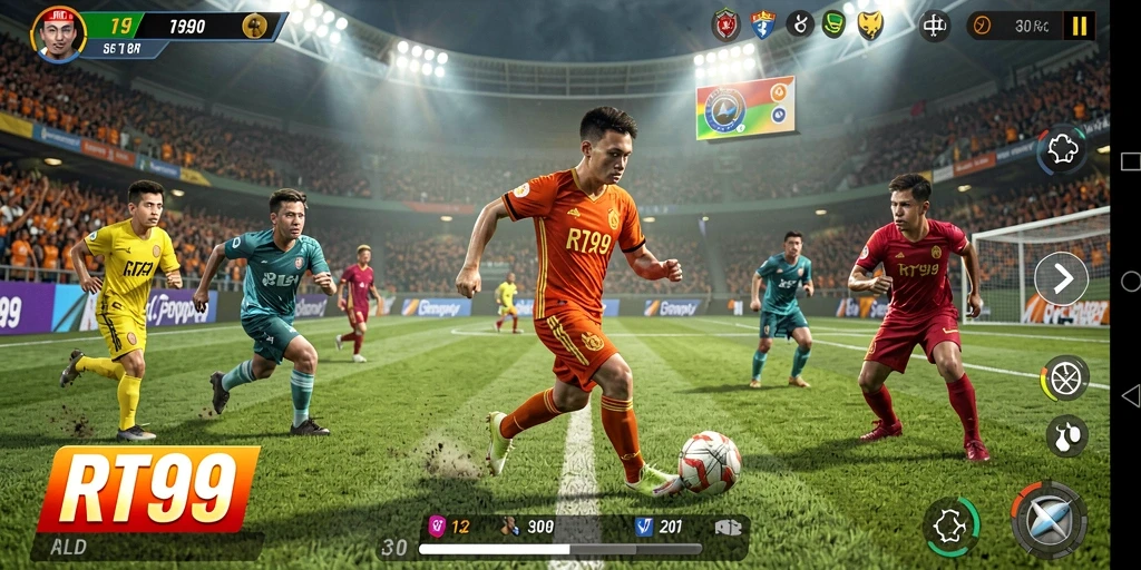 Screenshot gameplay RT99 menunjukkan aksi olahraga yang seru.